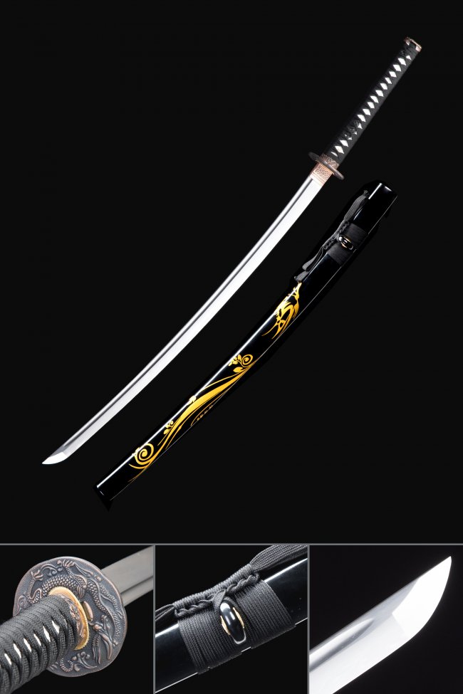 Manganese Steel Katana with Dragon Tsuba - Black Lacquer Saya with Gold Dragon Art