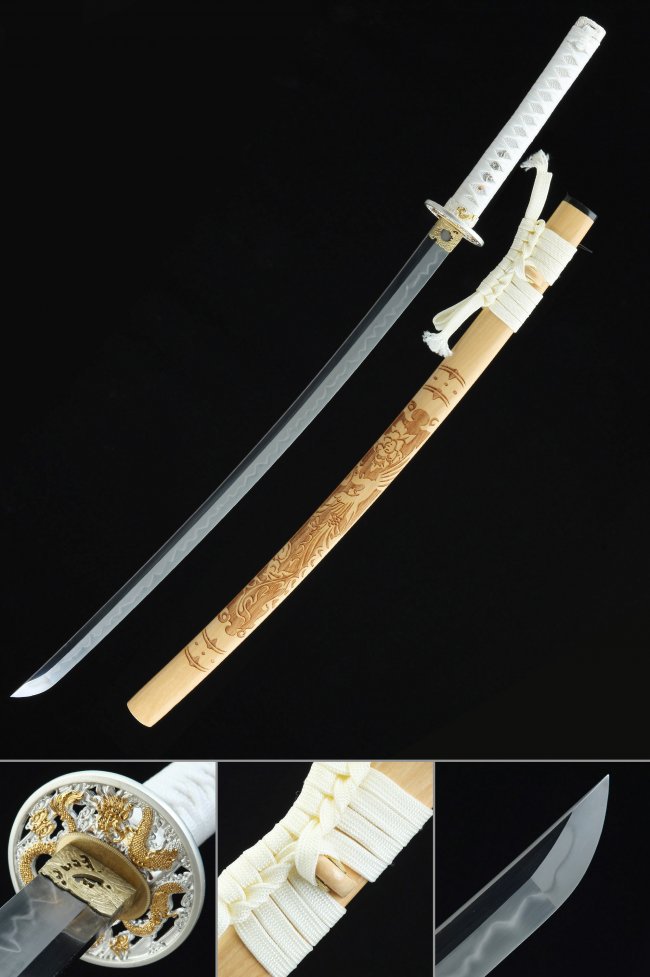 T10 Carbon Steel Katana with Dragon Tsuba - Natural Wood Carved Saya, White Ito & Hamon Blade