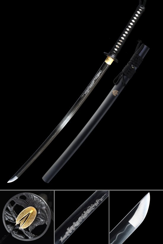 1090 Carbon Steel Katana with Dragon Engraving - Full Tang, Black Lacquer Saya, Phoenix Tsuba