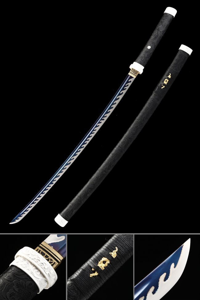 Kokushibo Katana in Manganese Steel with Blue Flame Hamon Blade and Black Lacquer Saya