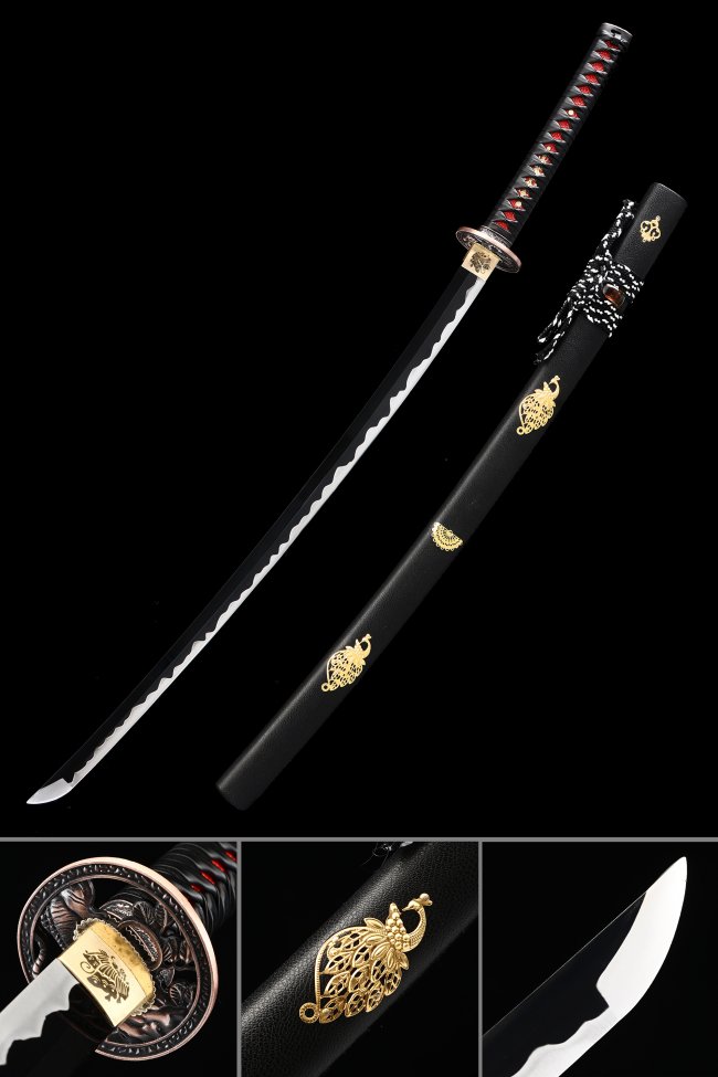 Manganese Steel Katana with Tiger Tsuba, Black-Red Handle & Phoenix Saya