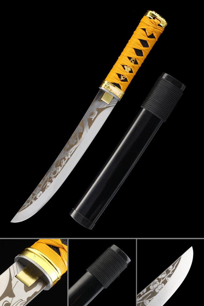 Aikuchi Tanto in Chromium Steel with Cherry Blossom Engraved Blade - Orange-Black Tsuka, Black Lacquer Saya