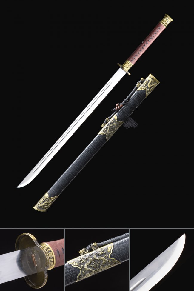 Handmade Spring Steel Straight Blade Chinese War Dao Broadsword With Black Scabbard