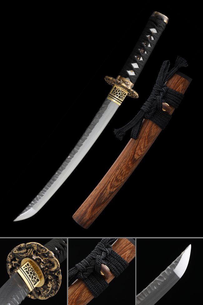 Damascus Steel Tanto with Dragon Tsuba - Black Cord Handle & Natural Wood Saya