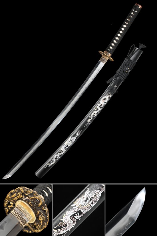 T10 Carbon Steel Katana with Dragon Saya - Gold Dragon Tsuba, Black Cord Handle, Real Hamon