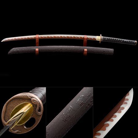 Handmade Japanese Katana Sword High Manganese Steel With Red Blade And Brown Scabbard