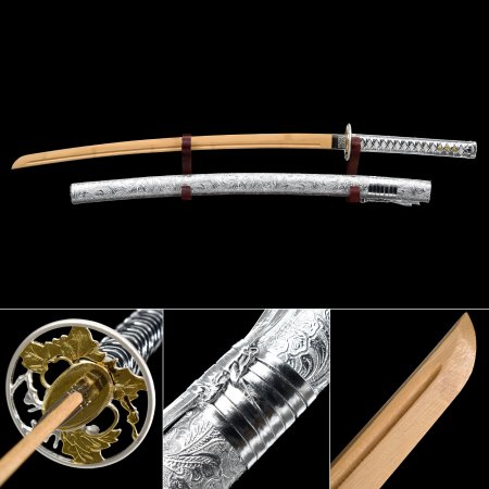 Handmade Natural Wooden Blade Unsharpened Katana Sword With Silver Scabbard And Alloy Tsuba