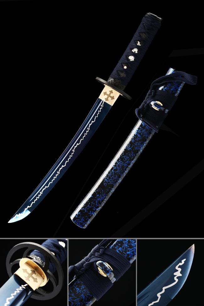 Blue Blade Manganese Steel Tanto Sword with Lightning Hamon in Black and Blue Crackle Saya