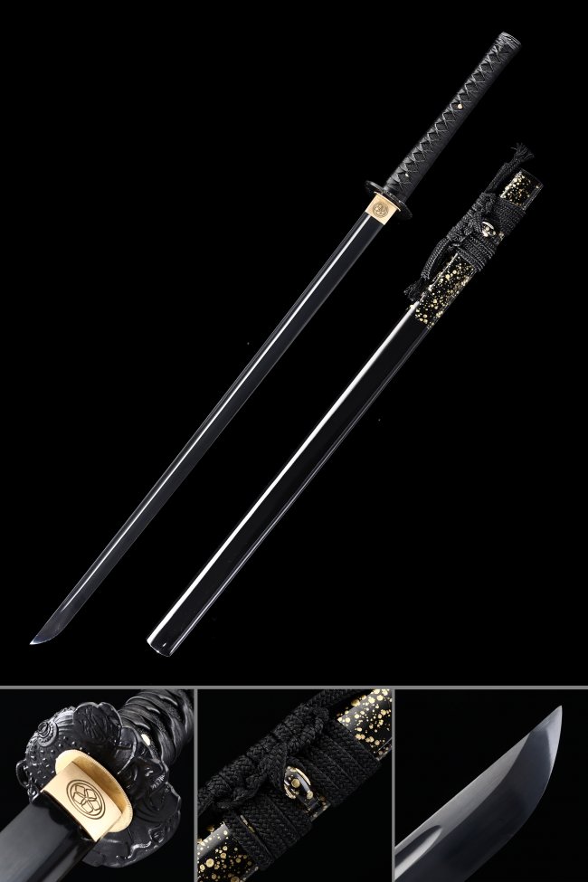 Manganese Steel Straight Ninjato with Black Lacquer Saya and Gold-Speckled Koshirae, Full Tang
