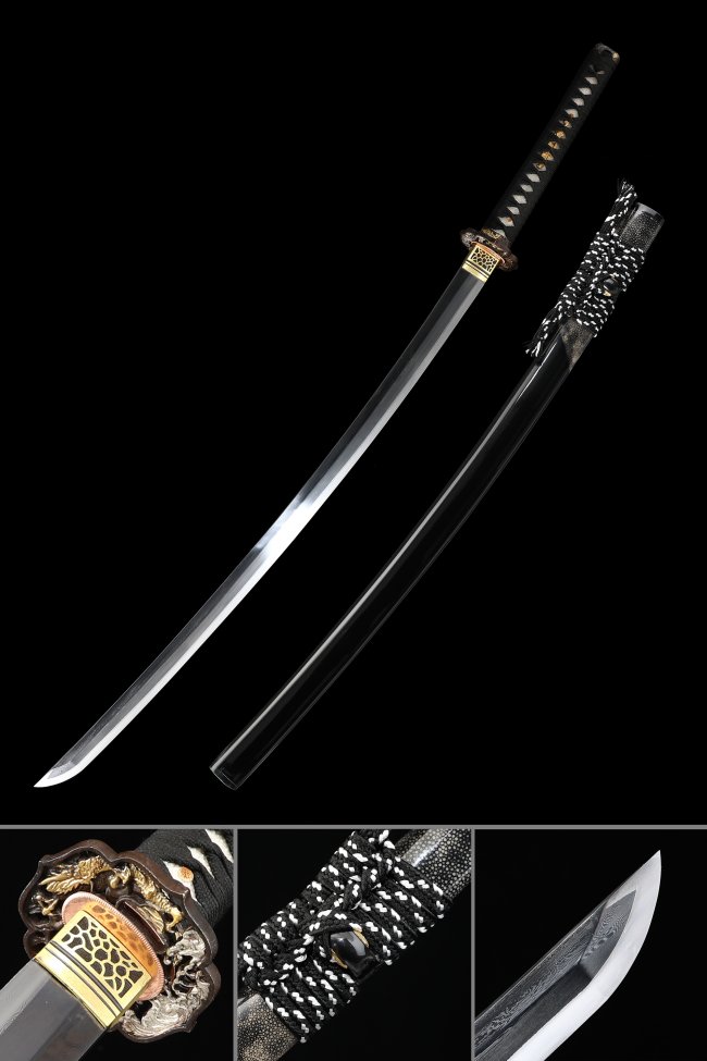 Premium Damascus Steel Japanese Katana - Black Piano Lacquer Saya, Gold Alloy Tsuba, Full Tang