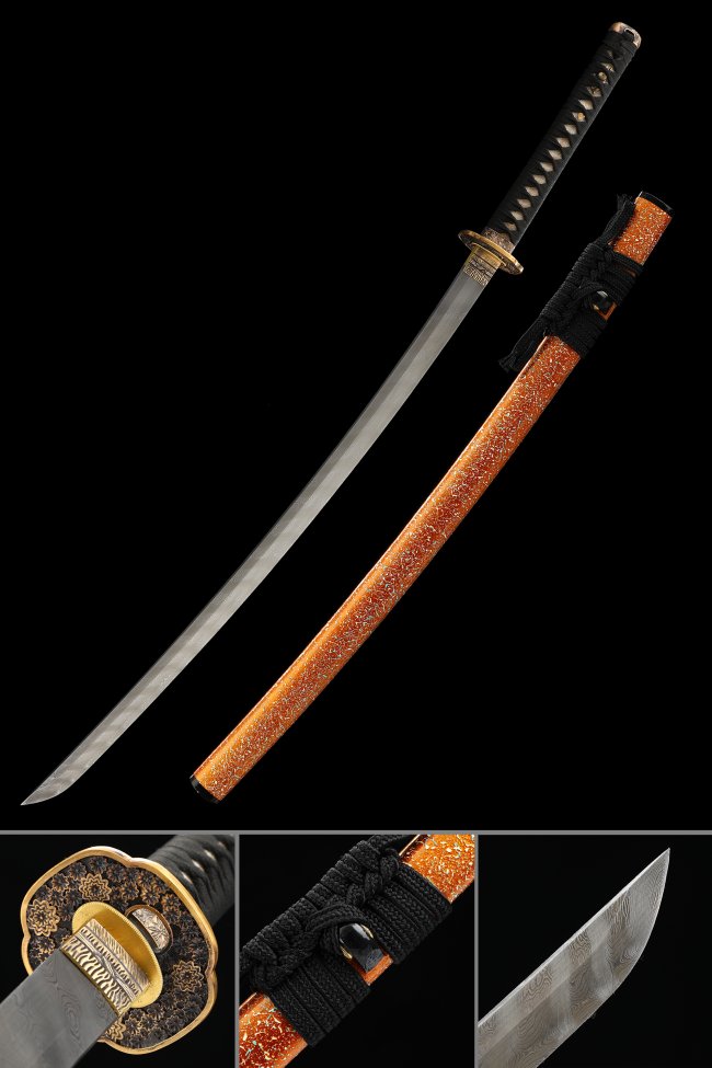 Damascus Steel Katana with Orange Lacquer Saya - Chrysanthemum Tsuba, Black Ito