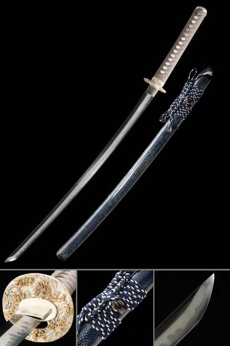 Handcrafted T10 Carbon Steel Katana With Blue Pearl Saya And Gilded Wave-themed Tsuba