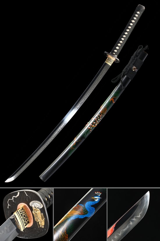 Samurai Tsuba T10 Carbon Steel Katana, Real Hamon, Handmade & Black Phoenix Saya