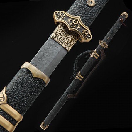 High-performance Pattern Steel Handforged Chinese Tang Dynasty Sword With Black Rayskin Scabbard