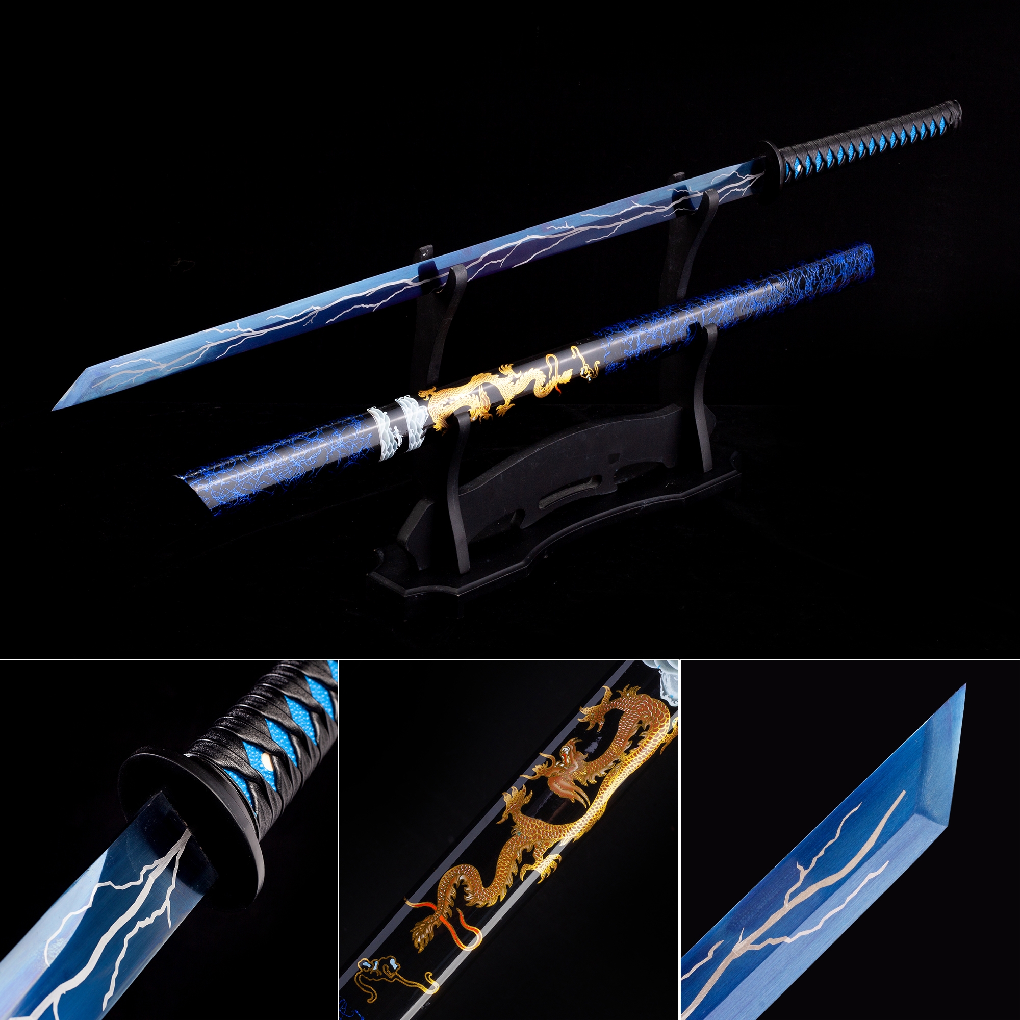 Handmade High Manganese Steel Blue Blade Lightning Theme Japanese Ninjato Ninja Swords TrueKatana
