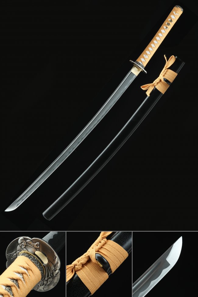 1045 Carbon Steel Katana with Samurai Tsuba - Black Lacquer Saya, Beige Ito, Full Tang