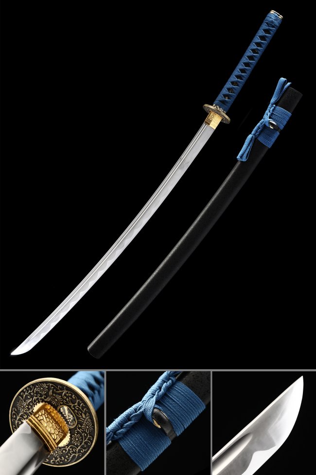 1045 Carbon Steel Katana with Blue Ito Handle and Gold Floral Tsuba - Full Tang Japanese Sword in Black Hardwood Saya