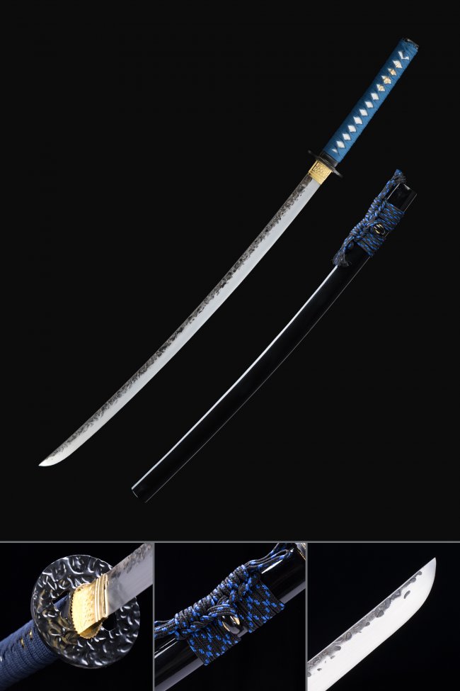 Manganese Steel Katana with Hamon Blade, Black Iron Wave Tsuba, Blue Ito & Black Hardwood Saya