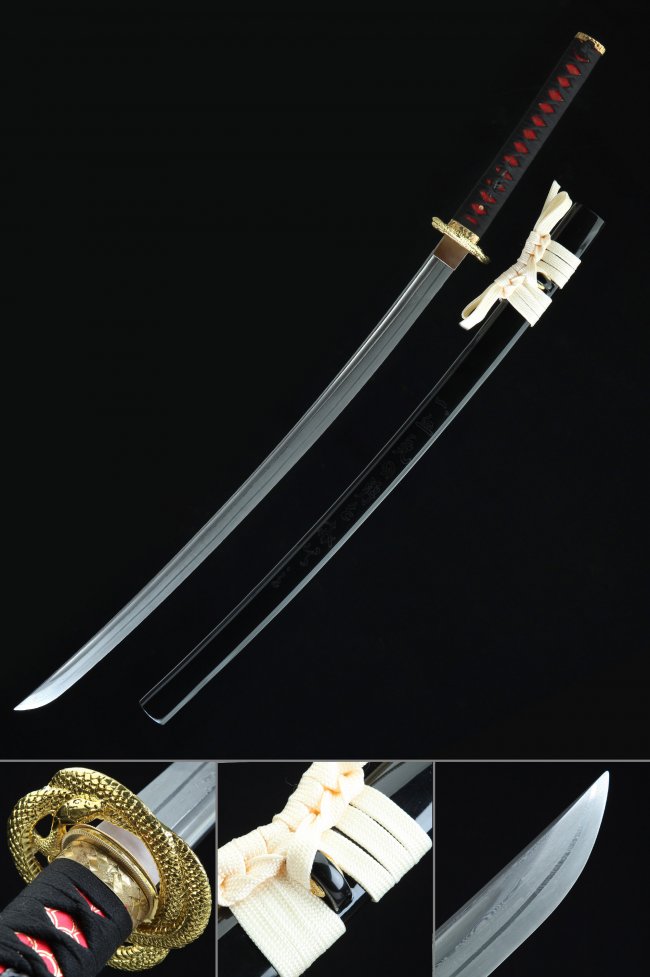 Damascus Steel Katana with Gold Snake Tsuba in Black-Red Handle & Black Lacquer Saya