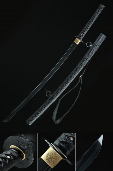 Black Blade Katana, Handmade Japanese Katana Sword 1060 Carbon Steel With Black Blade And Strap