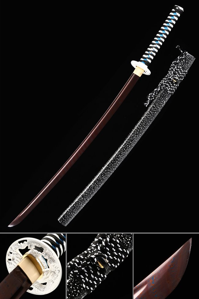 Damascus Steel Katana with Dark Red Blade - Dragon Tsuba, Black Starfield Saya, Black-White Tsuka