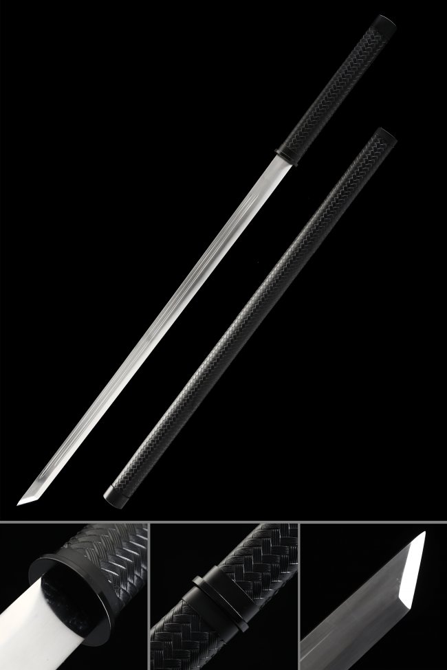 1045 Carbon Steel Ninjato Sword with Black Faux Leather Wrapped Saya in Full Tang Construction