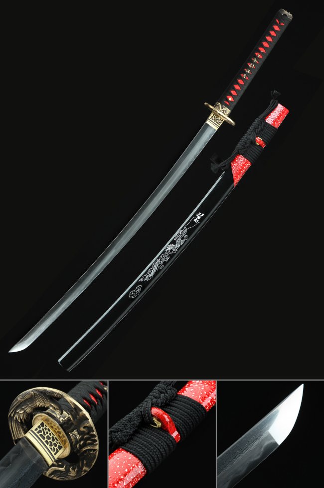Damascus Steel Katana with Dragon Engraved Blade, Gold Tsuba, Black-Red Handle and Black Lacquer Saya