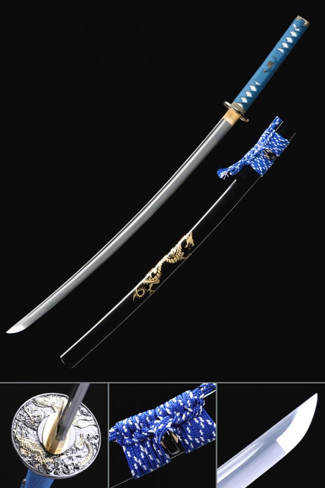 1095 Carbon Steel Full Tang Katana with Dragon Theme Tsuba in Blue Ito Handle and Black Lacquered Saya