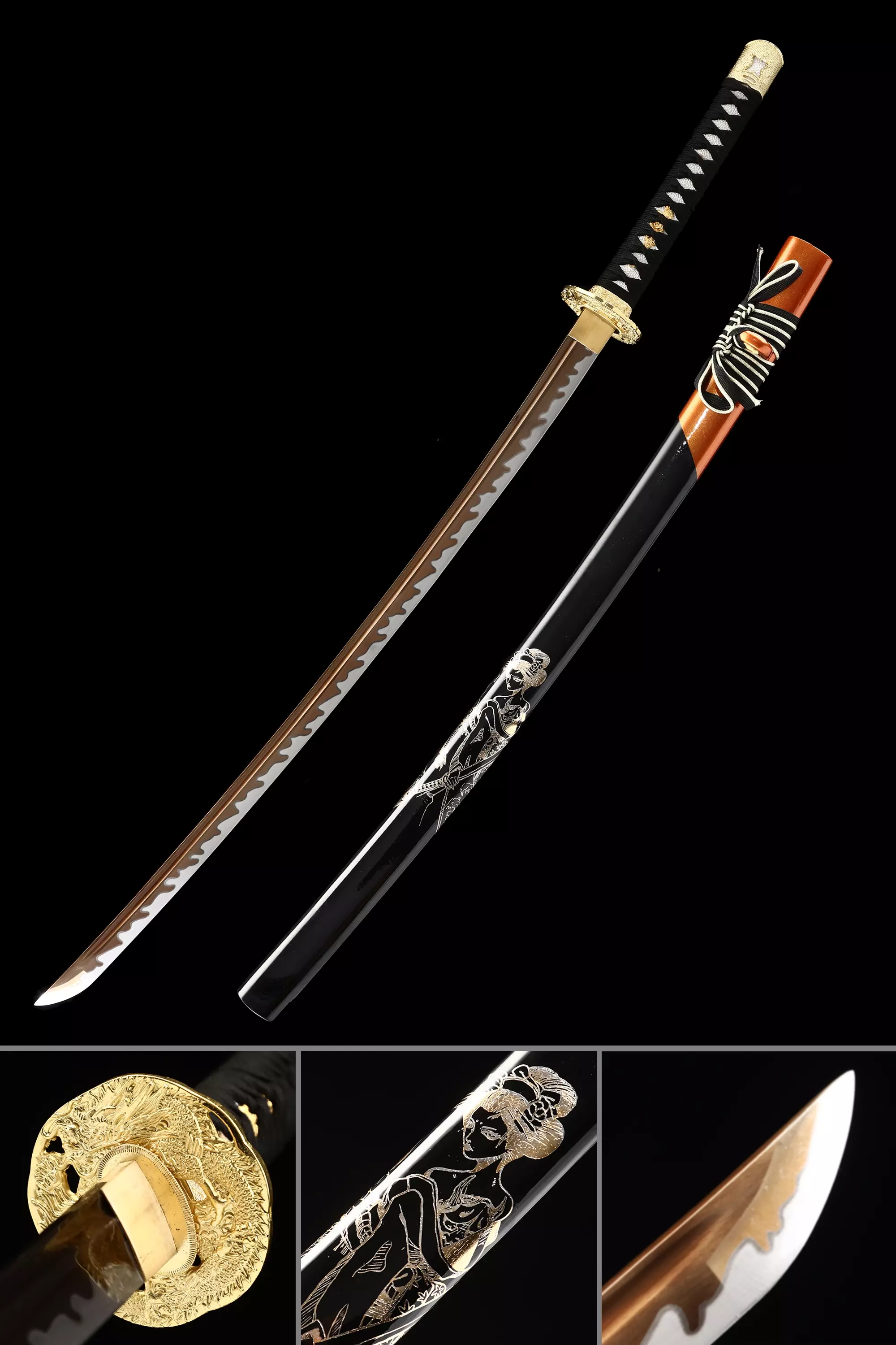 Black And Golden Katana | Handmade Japanese Samurai Sword 1045 Carbon ...