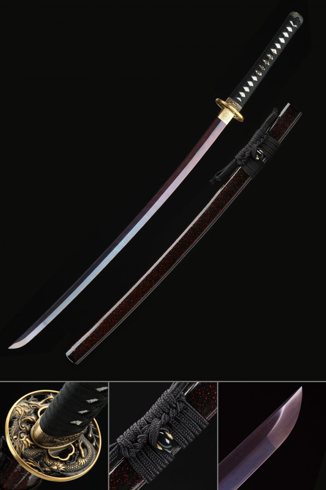 Damascus Steel Katana with Purple Folded Blade - Dragon Tsuba in Gold with Black Red Speckled Saya