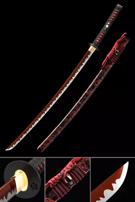 Handmade Japanese Sword High Manganese Steel Full Tang With Red Blade And Black Scabbard