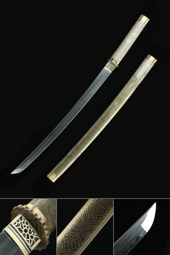 Damascus Steel Wakizashi with Real Hamon in Gold Engraved Saya and Geometric Gold Tsuba