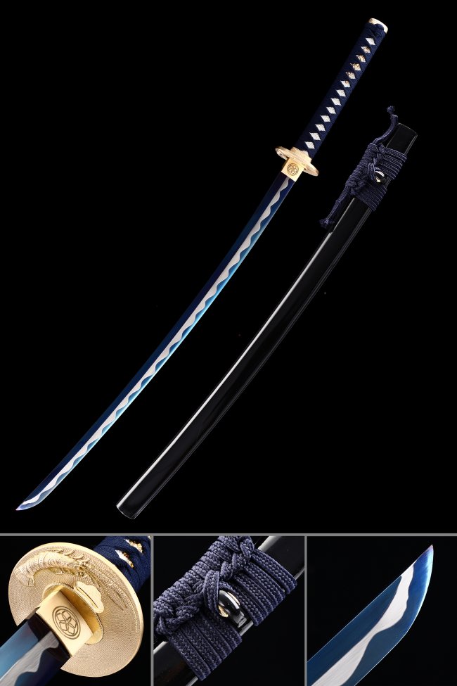 Dragon Tsuba 1095 Carbon Steel Katana, Handmade, Black Saya & Dark Blue Tsuka