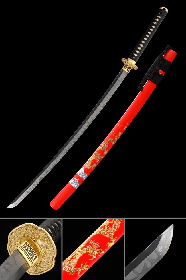 T10 Carbon Steel Katana with Red Dragon Saya - Gold Chrysanthemum Tsuba, Black Cord Handle