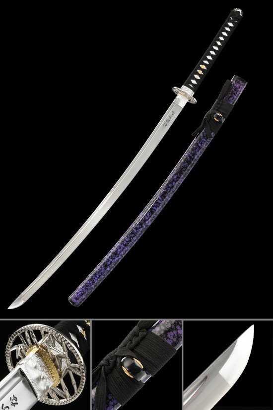 1065 Carbon Steel Japanese Katana with Purple Speckled Saya and Bamboo Theme Alloy Tsuba - Full Tang Collectible Sword