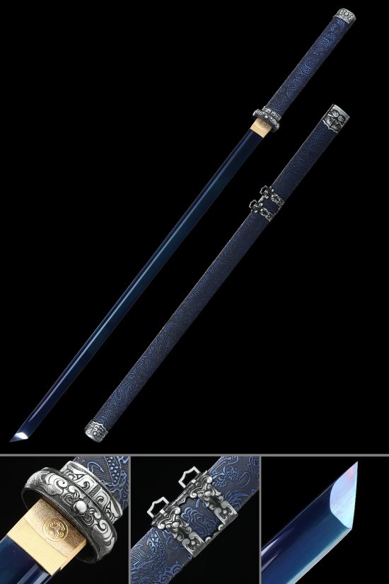 1095 Carbon Steel Ninja Sword with Blue Blade, Dragon Saya & Silver Scroll Tsuba - Full Tang