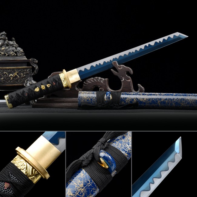 Blue Tanto Replica in 1045 Carbon Steel with Gold Tsuba and Blue Lacquer Saya