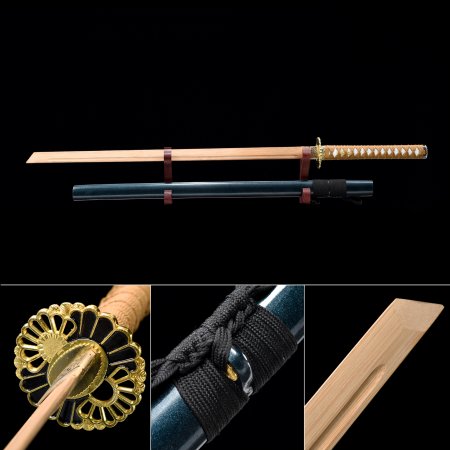 Handmade Natural Bamboo Wooden Straight Blade Unsharpened Ninjato Ninja Swords With Blue Scabbard