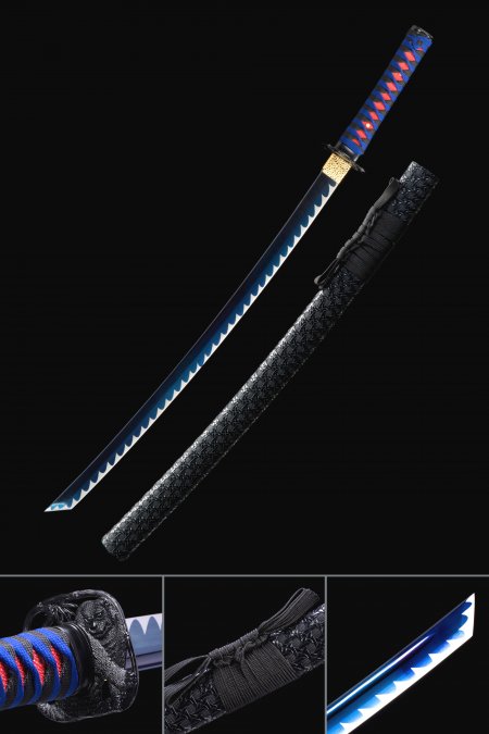 Handmade High Manganese Steel Blue Blade Japanese Wakizashi Swords With Black Leather Scabbard