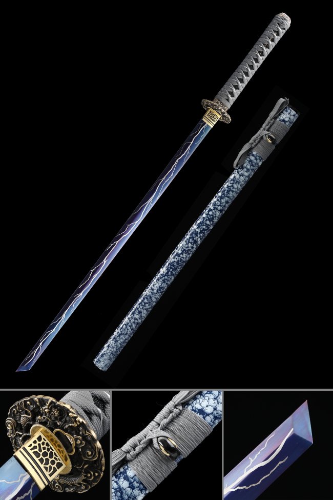 Manganese Steel Ninjato with Blue Lightning Blade, Dragon Tsuba & Marble Saya - Gray Tsuka