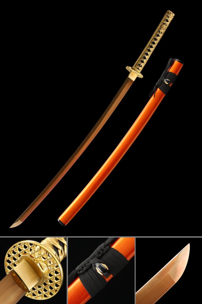 1045 Carbon Steel Katana with Golden Blade and Orange Lacquered Saya - Gold Tsuba Collectible Sword