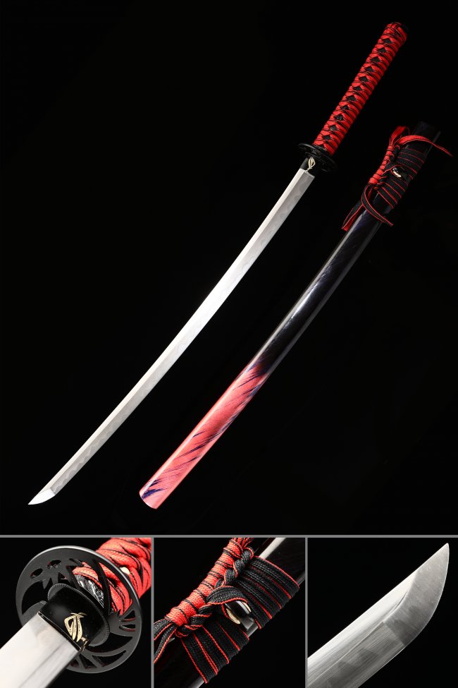 T10 Carbon Steel Katana with Red-Black Tsuka in Painted Red-Black Hardwood Saya