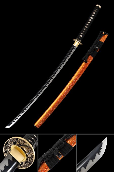 Handmade Japanese Katana Sword With Black Blade And Orange Scabbard