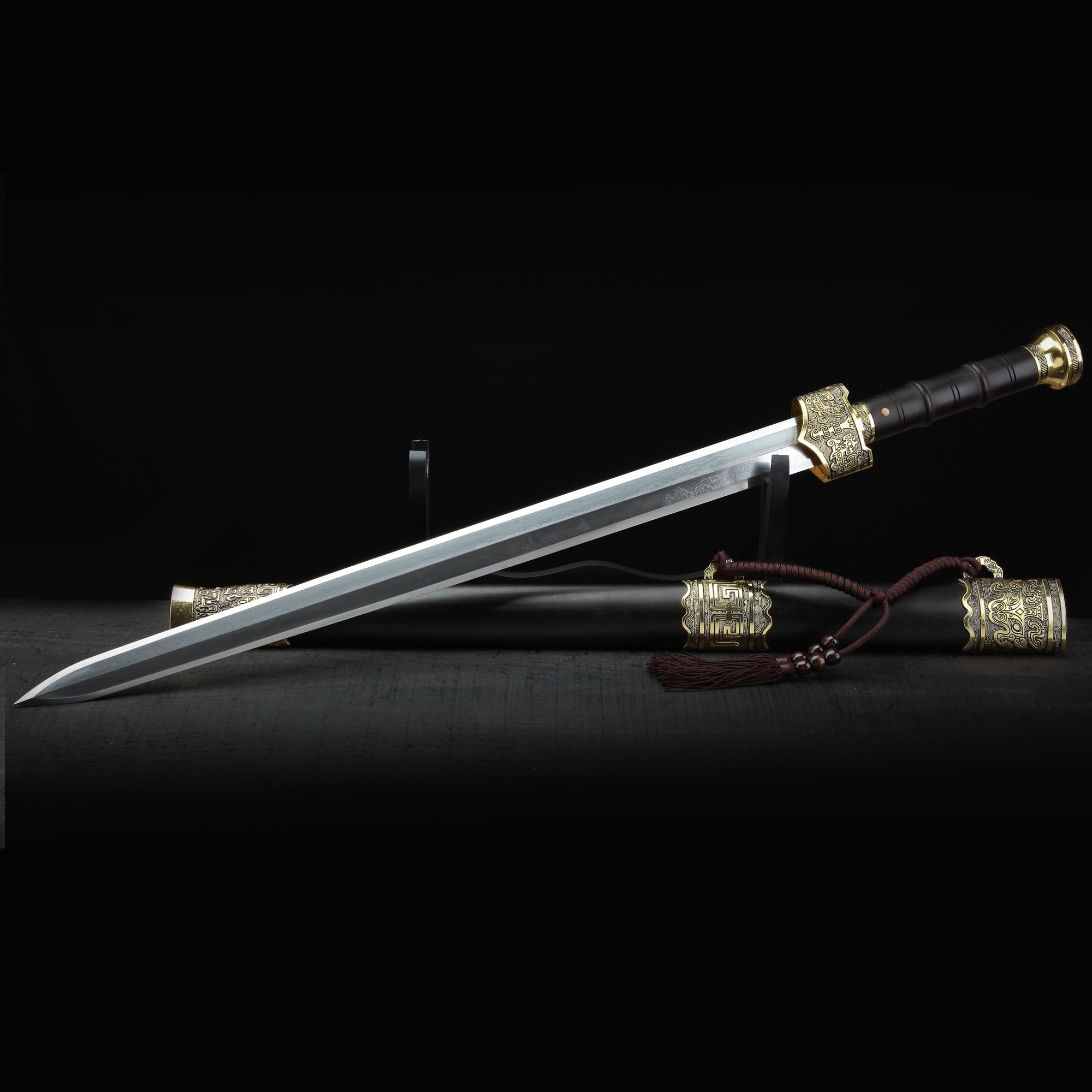 Chinese Han Sword Handmade Gold Black Wood Real Long Chinese Han