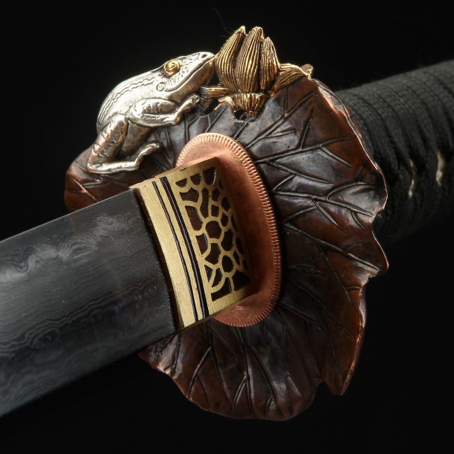 Damascus Steel Katana with Copper Lotus Leaf Tsuba - Frog & Lotus Bud Motif, Black Wrap