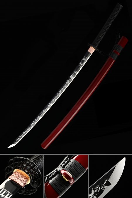 Japanese Katana Swords 1045 Carbon Steel With Printed Blade Red Saya