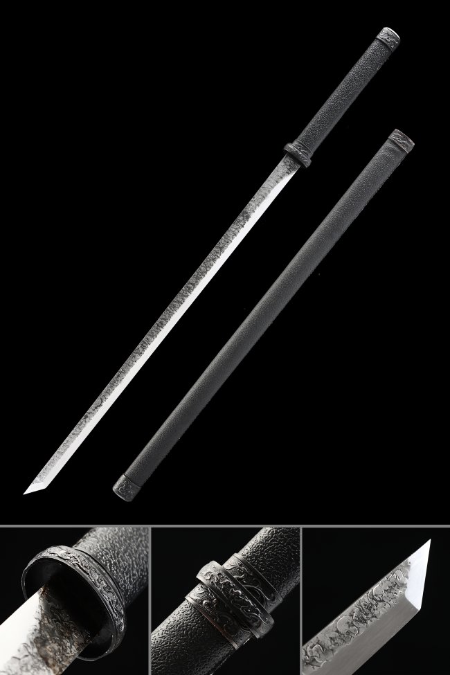 Black Ninjato with Manganese Steel Blade, Dragon Tsuba & Black Leather Saya - 41 Inch