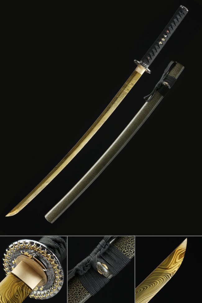 Golden Blade Katana - Spring Steel Clay Tempered Sword with Snake Tsuba and Olive Crackle Saya
