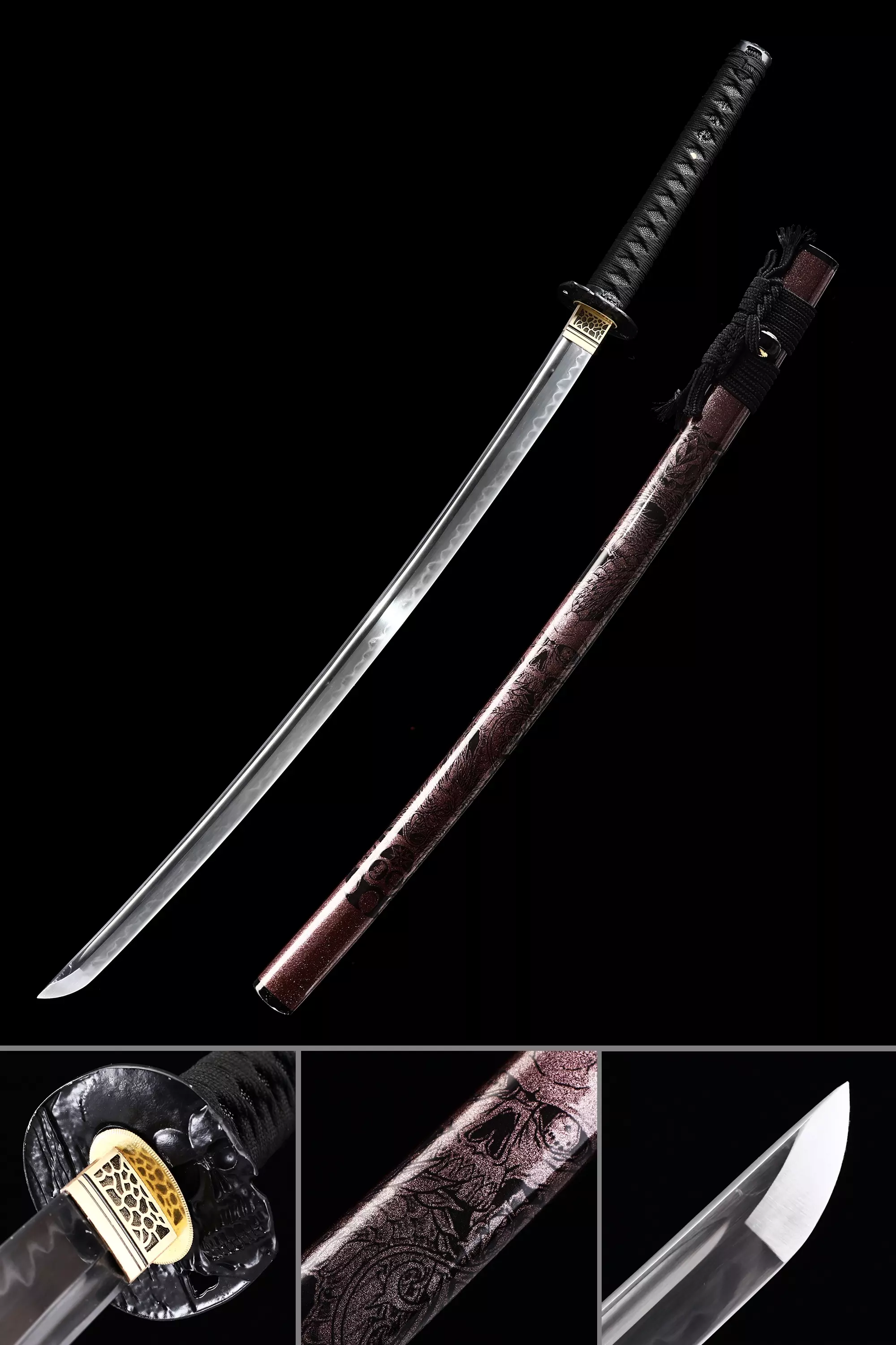 Handmade Japanese Samurai Sword T10 Folded Clay Tempered Steel Real Hamon With Skull Tsuba