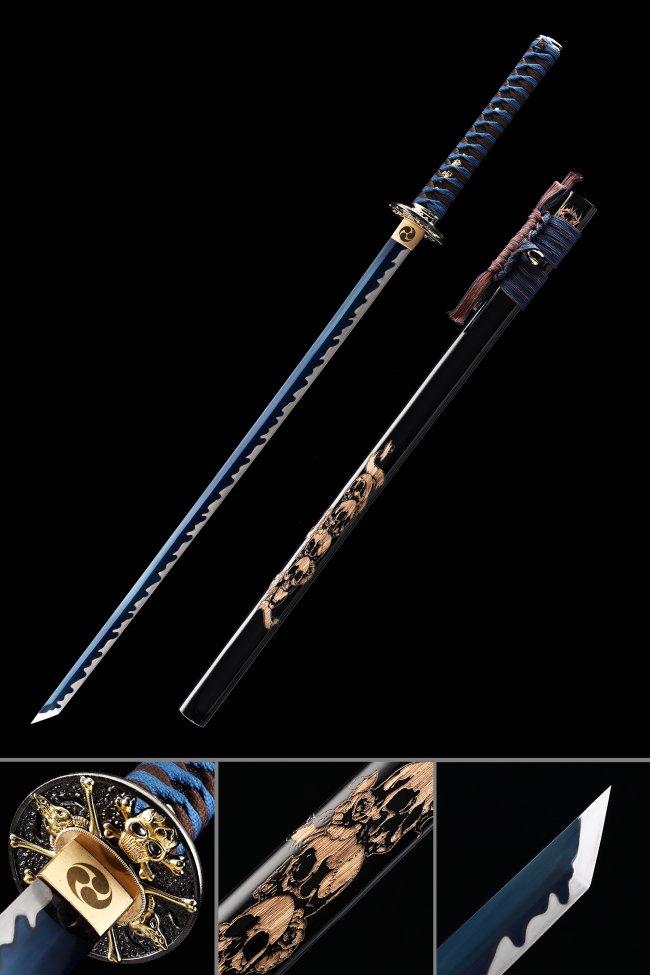 Manganese Steel Blue Blade Straight Sword with Skull Tsuba - Full Tang, Blue-Black Ito, Black Lacquer Saya